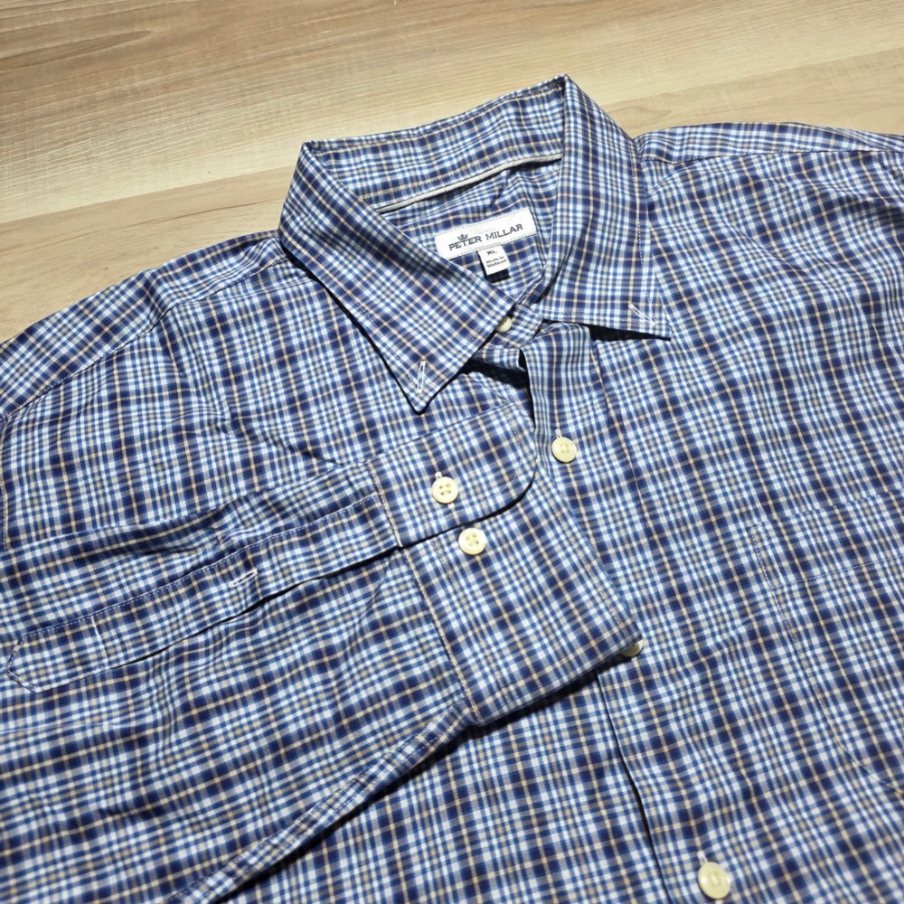 Peter Millar Button Down Shirt Mens XL Blue Plaid Cotton MF21W32UBL Long Sleeve